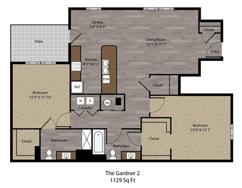 Floor plan for 2 beds, 2 baths, 1129 sqft